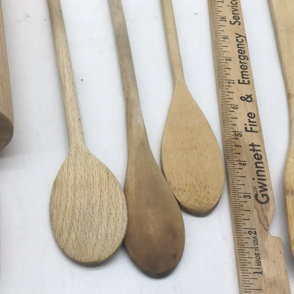 Vtg Lot Of 9 Wooden Kitchen Utensils Fork Wooden spoon Spatula Rolling Pin